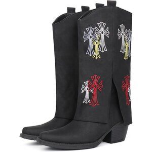 Women's Synthetic Black Western Cowgirl Chunky Heel Mid Calf Embroidered Boots
